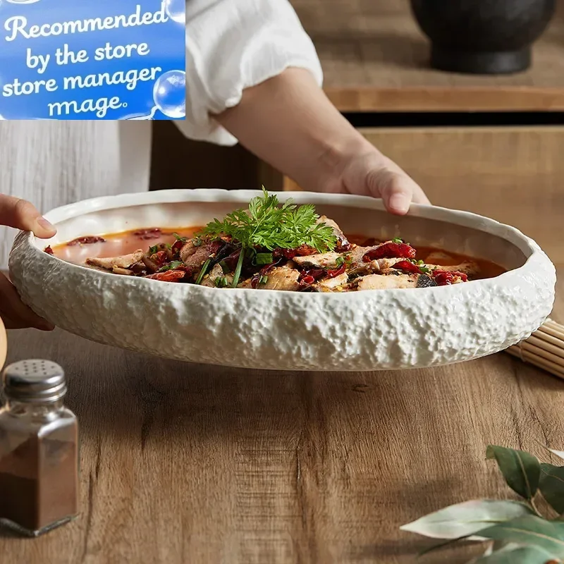 

Большая глубокая тарелка с рыбой на пару и каменным узором, новая керамическая тарелка с морепродуктами сашими для домашнего использования, тарелка с омарами в клубе отеля