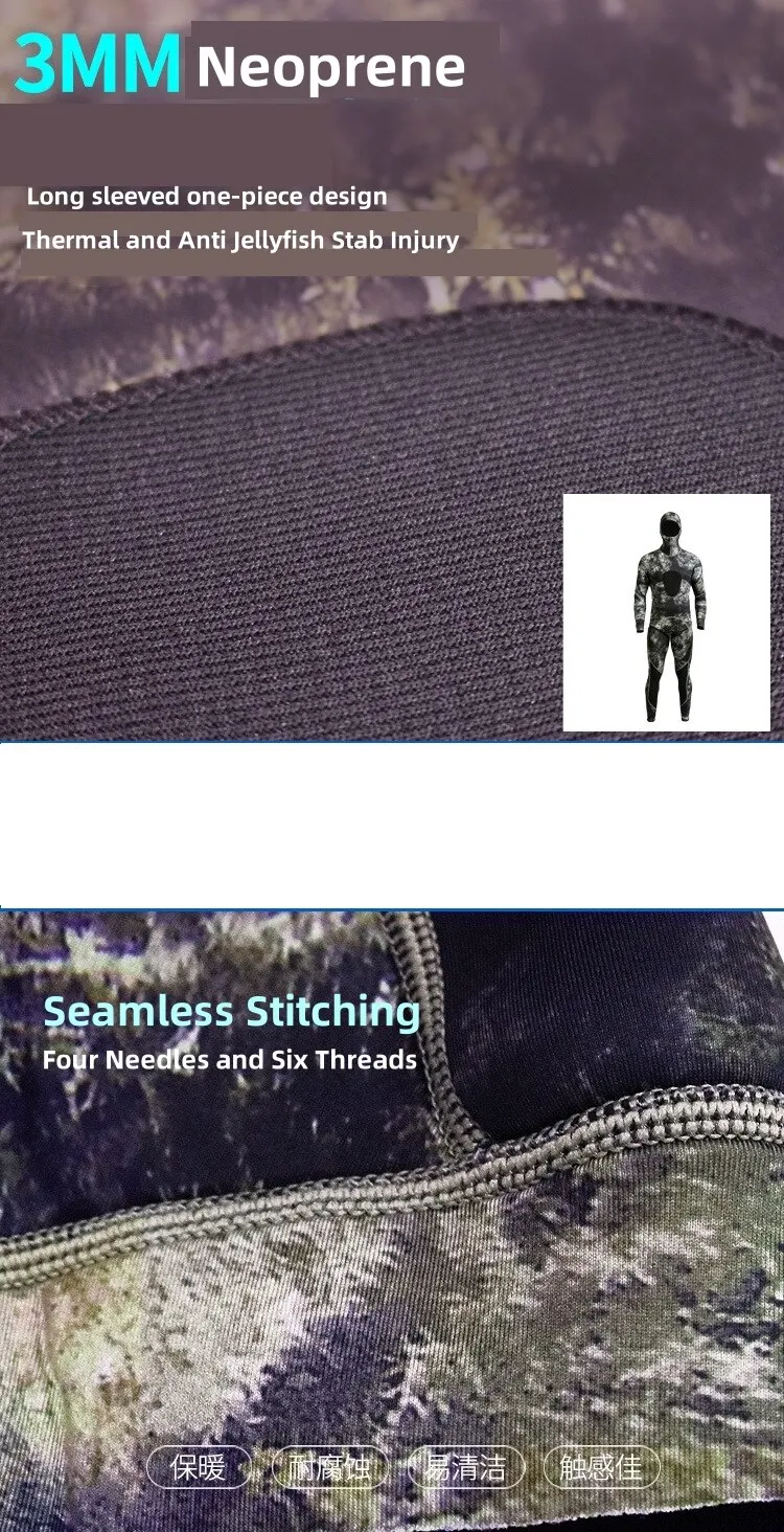 Neoprenanzug, 3 mm, Camouflage, langärmelig, mit Kapuze, 2-teilig, aus Neopren, zum Tauchen, für Herren, hält warm, Tauchanzug, Badebekleidung – Detail 18