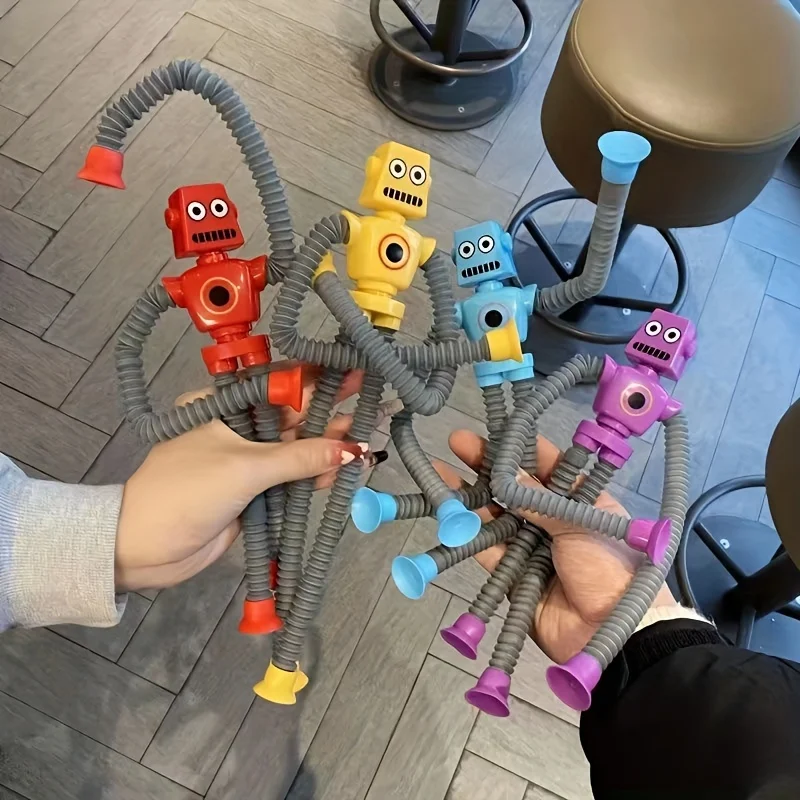 4 Stuks Variëteit Robot Leuke Intrekbare Buis Educatief Speelgoed, Glow-In-The-Dark Cartoon Zuignap Stress Reliëf Interactief Speelgoed