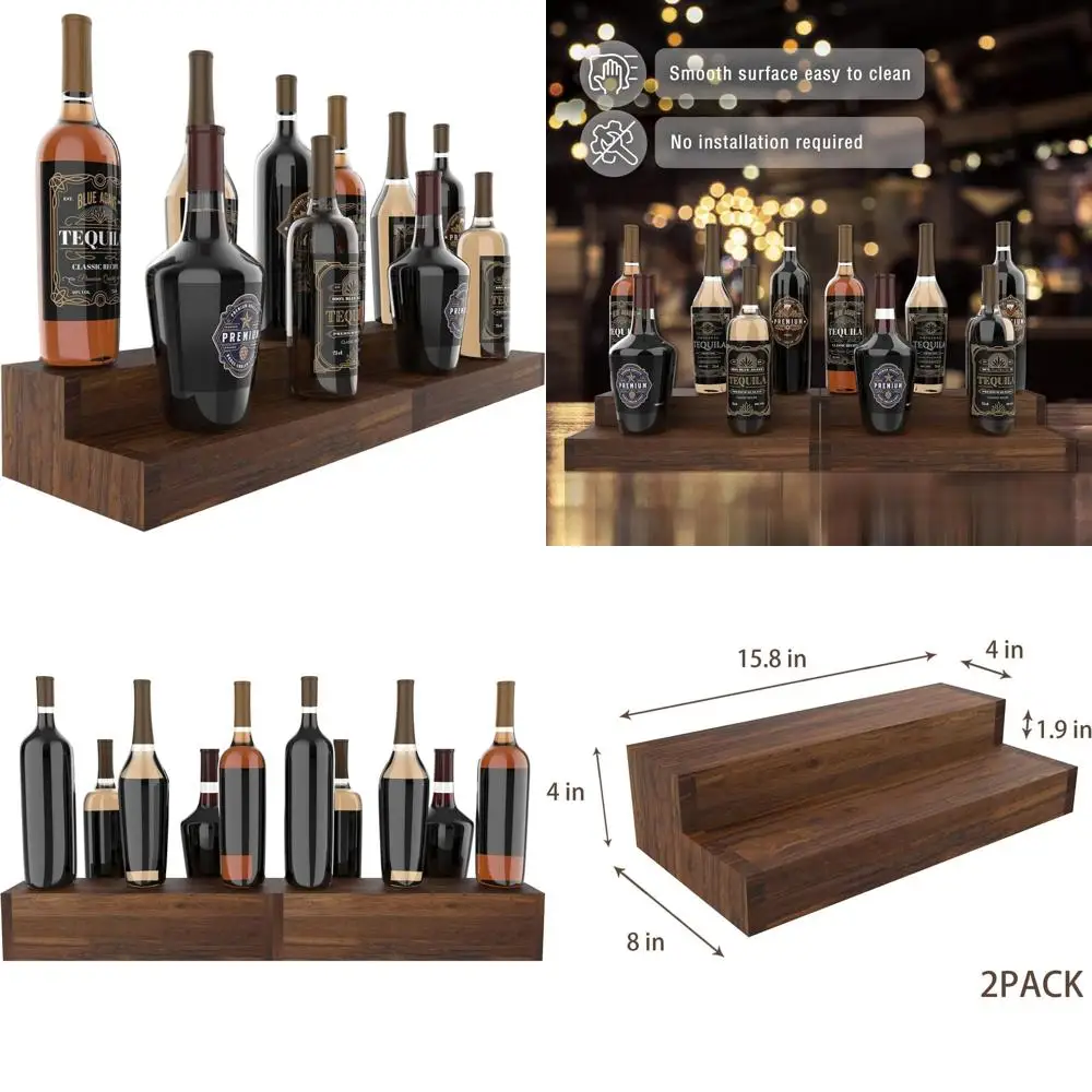 

2-Tier Wooden Liquor Bottle Rack, Holds 16 Bottles, Easy Clean, No Assembly Needed - 15.8 Walnut-Colored