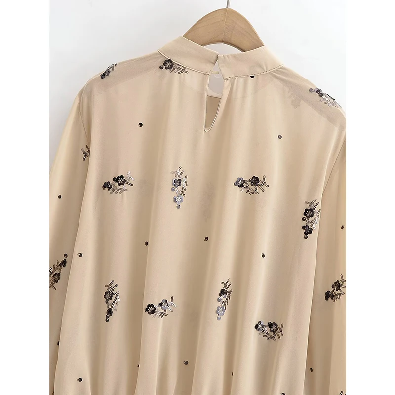 YENKYE Sexy Semi-Sheer Floral Sequin Blouse Women Stand Collar Long Sleeve 2026 Spring Tops  Streetwear