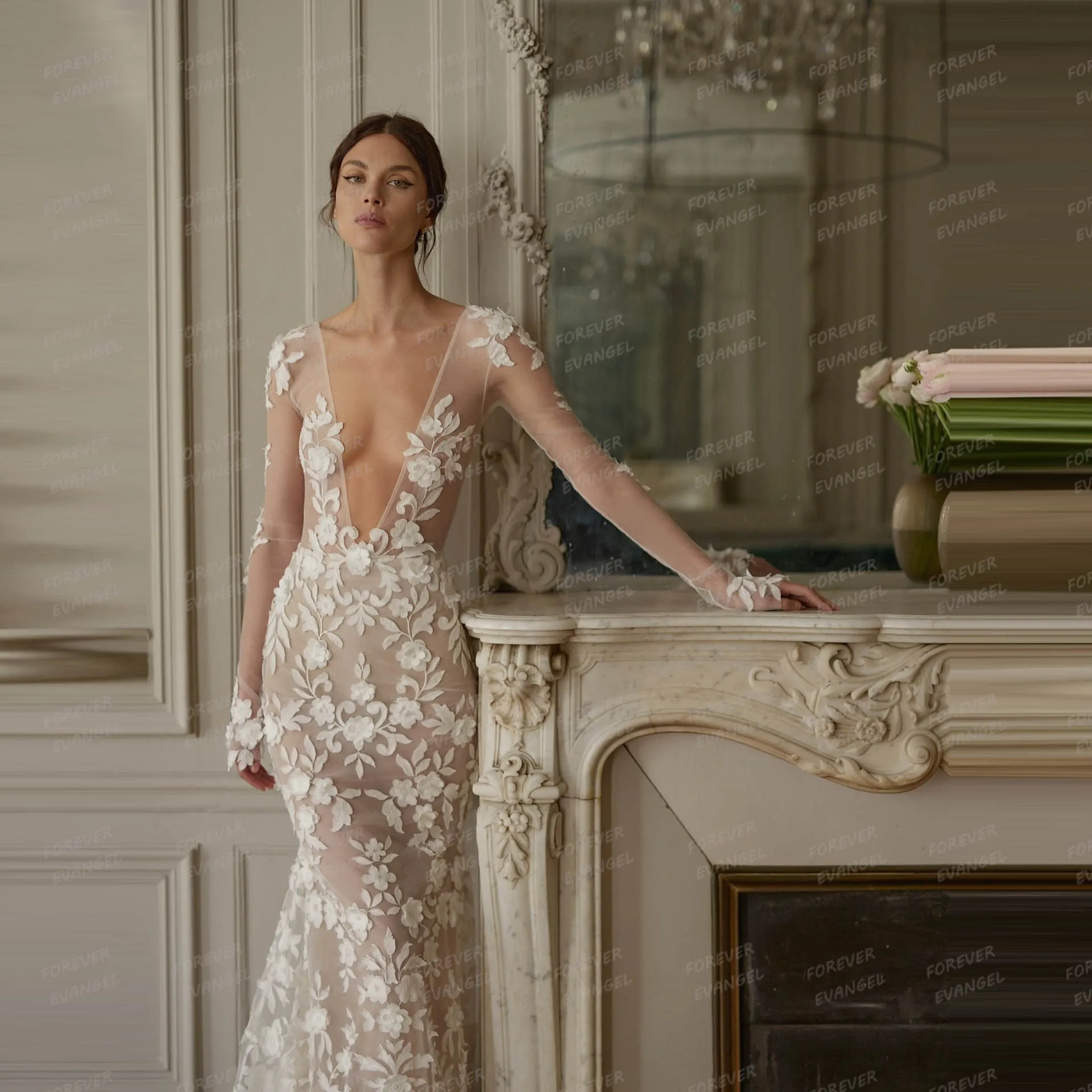 

Boho Mermaid Wedding Dresses Woman's Appliques Bride Gowns Long Sleeve Deep V Neck Formal Customized Vestidos De Novia Mariée