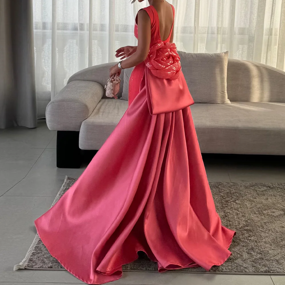 Exquisite and High Quality Sequined 3D Flowers Evening Dresses Sweep Train Backless Sleeveless Crew neck Floor Length Straight