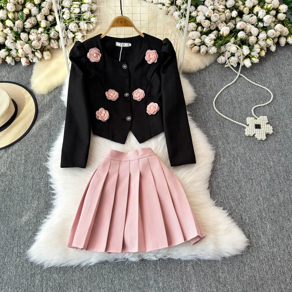 

Черный, розовый блейзер с 3D розами, новый осенний элегантный женский комплект из 2 предметов, короткая куртка с круглым вырезом и плиссированная мини-юбка, одинаковые костюмы из 2 предметов