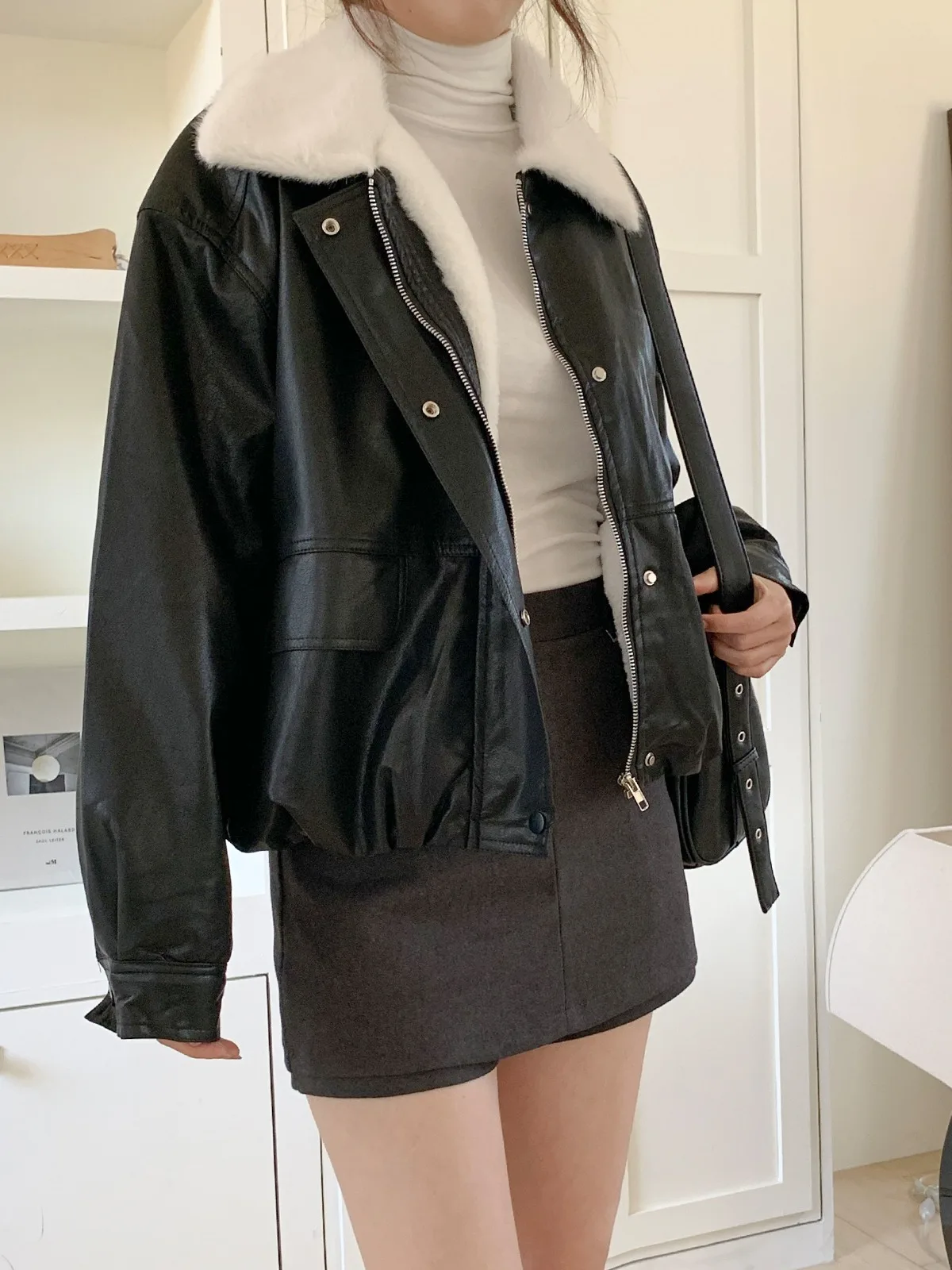 Retro pele de cordeiro couro do plutônio jaet ort outerwear feminino inverno flip gola de pele quente hong sle legal picante roupas da motocicleta