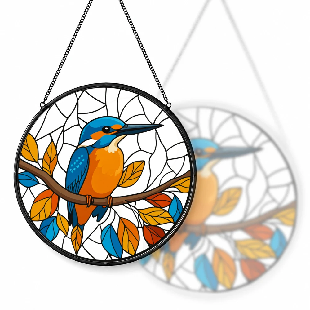 Stained Glass Suncatcher Round Tropical Sunset Beach Palm Tree Hibiscus Flower Window Hanging Decor Home Garden Gift