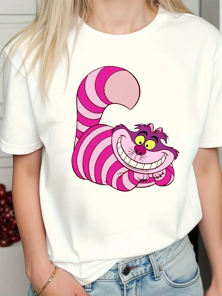 

Женская футболка с рисунком Чеширского кота «Алиса в стране чудес» Y2K с круглым вырезом и короткими рукавами, четырехсезонная повседневная одежда с мультяшным принтом