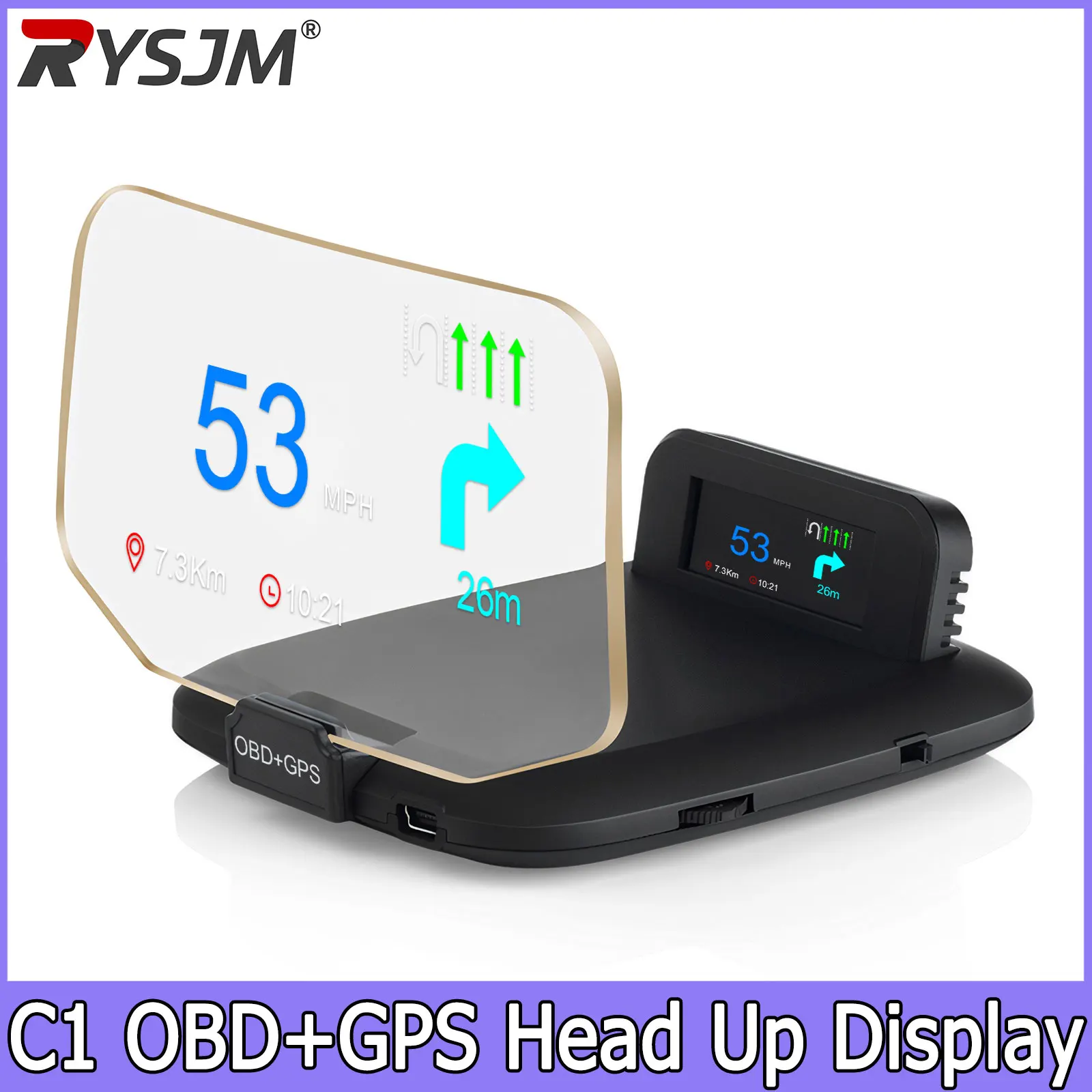 C1 Navigation Car OBD2+GPS HUD Head-Up Display Car Projector Speedometer Projection Digital Water Temp Voltage RPM Speed Gauge