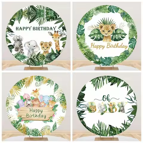 Laeacco Jungle Safari Round Photography Backdrop Cartoon Animals Kids Birthday Party Baby Shower Circle Photo Background Cover