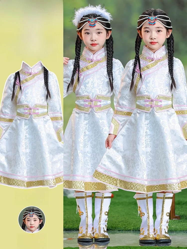 

Mongolian Ethnic Children's Dance Performance Costume Girls' White Ethnic Tibetan assland Mongolian Robe Chopstis D...