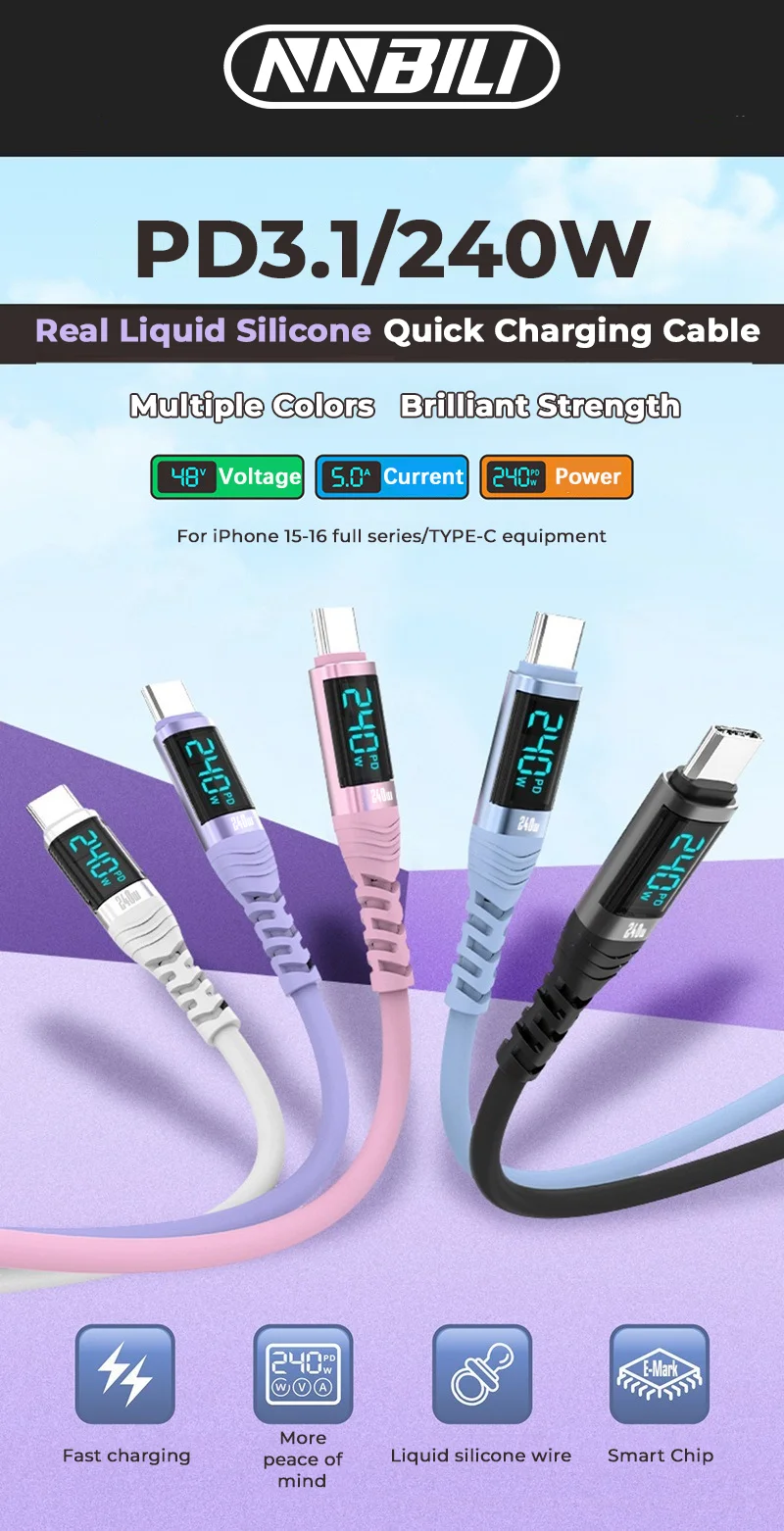 NNBILI 240 W Schnelllade-Datenkabel PD3.1 Digitalanzeige USB C auf Typ C-Kabel für iPhone 15 16 Samsung Xiaomi Typ C-Kabel – Detail 1