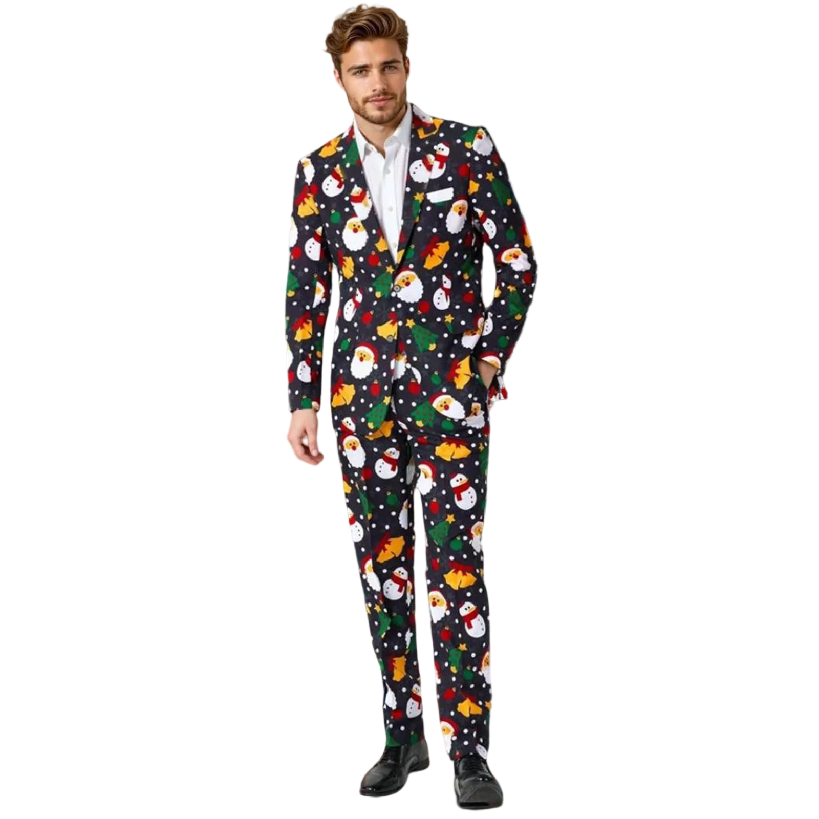 

Мужские рождественские костюмы с принтом, лацканами, V-образным вырезом, длинными рукавами, пиджаком, брюками и жилетом, комплект из трех предметов