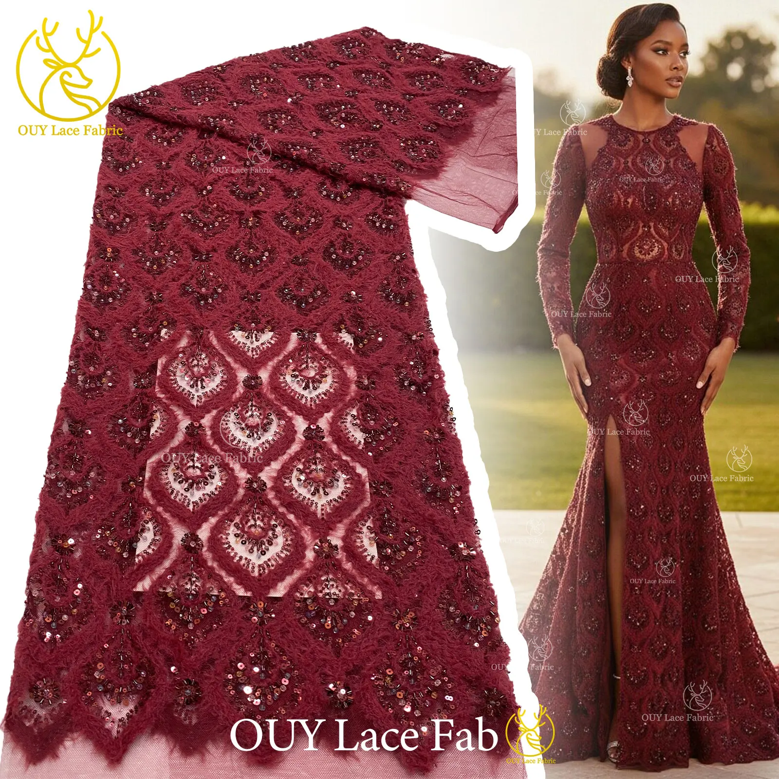 

New Burgundy African Sequin Lace Fabric 2026 High-Quality Luxury French Nigerian Beaded Lace Fabric Ideal for Party Dresses