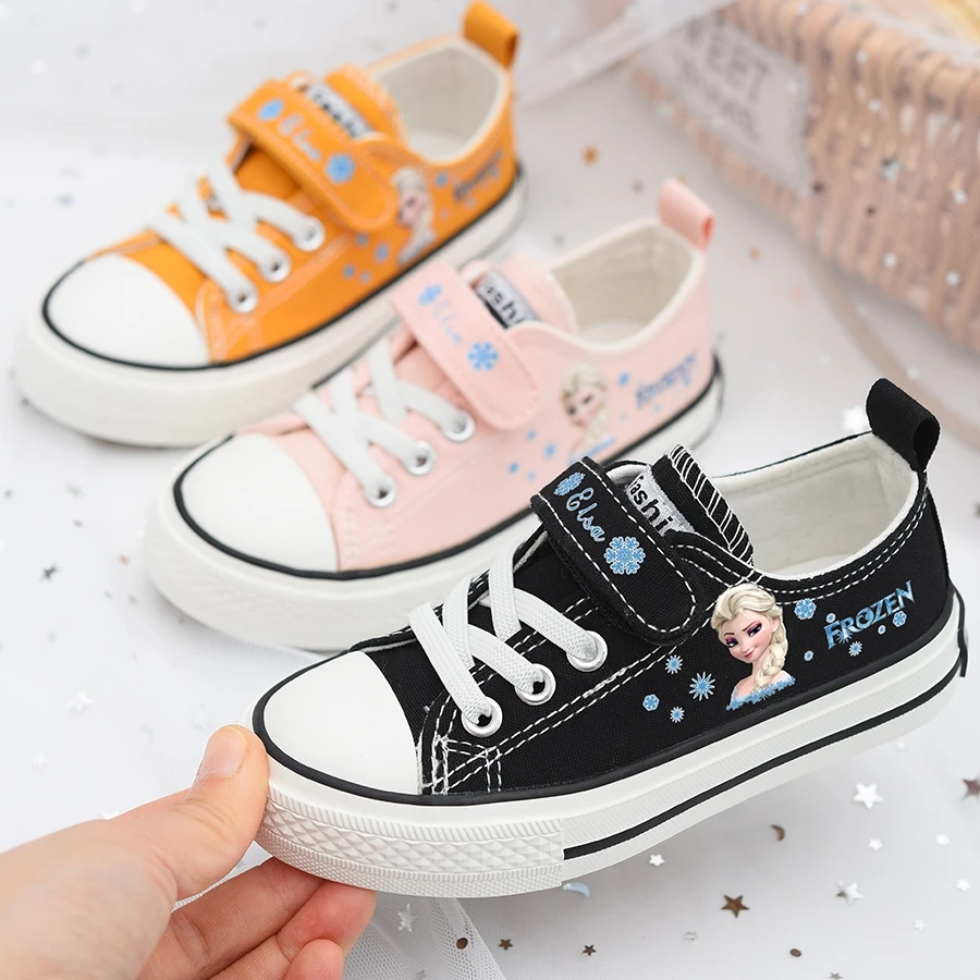 Disney Cartoon Kids Mickey Canvas Shoes Girls Boys Minnie Shoelace Soft Pink Princess Casual Canvas Shoes Europe size 24-37