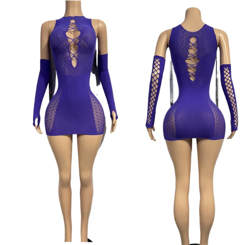 

Open Bra Hollow Out Fishnet Dress with Gloves Round Neck See Through Cover Up Dress Women's Swimwear Party Night Lingerie Dress