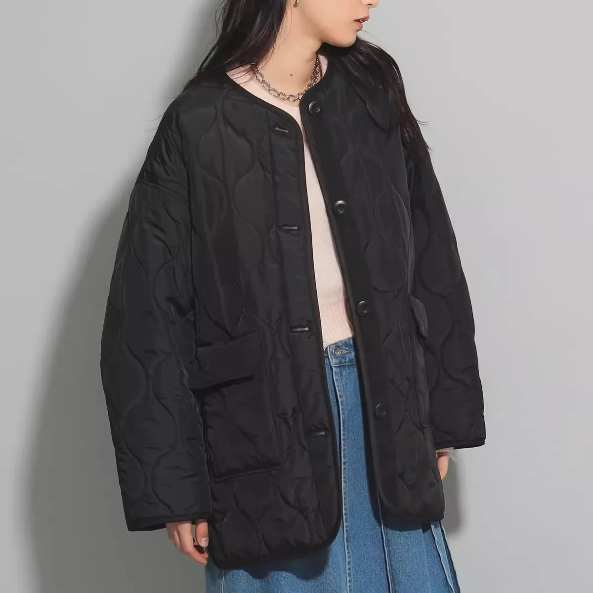 

Зимнее новое пальто 2025 года в стиле ретро, универсальное, повседневное, с круглым вырезом, из хлопка, с узором «тыква», женское, милое, свободного кроя, длинное