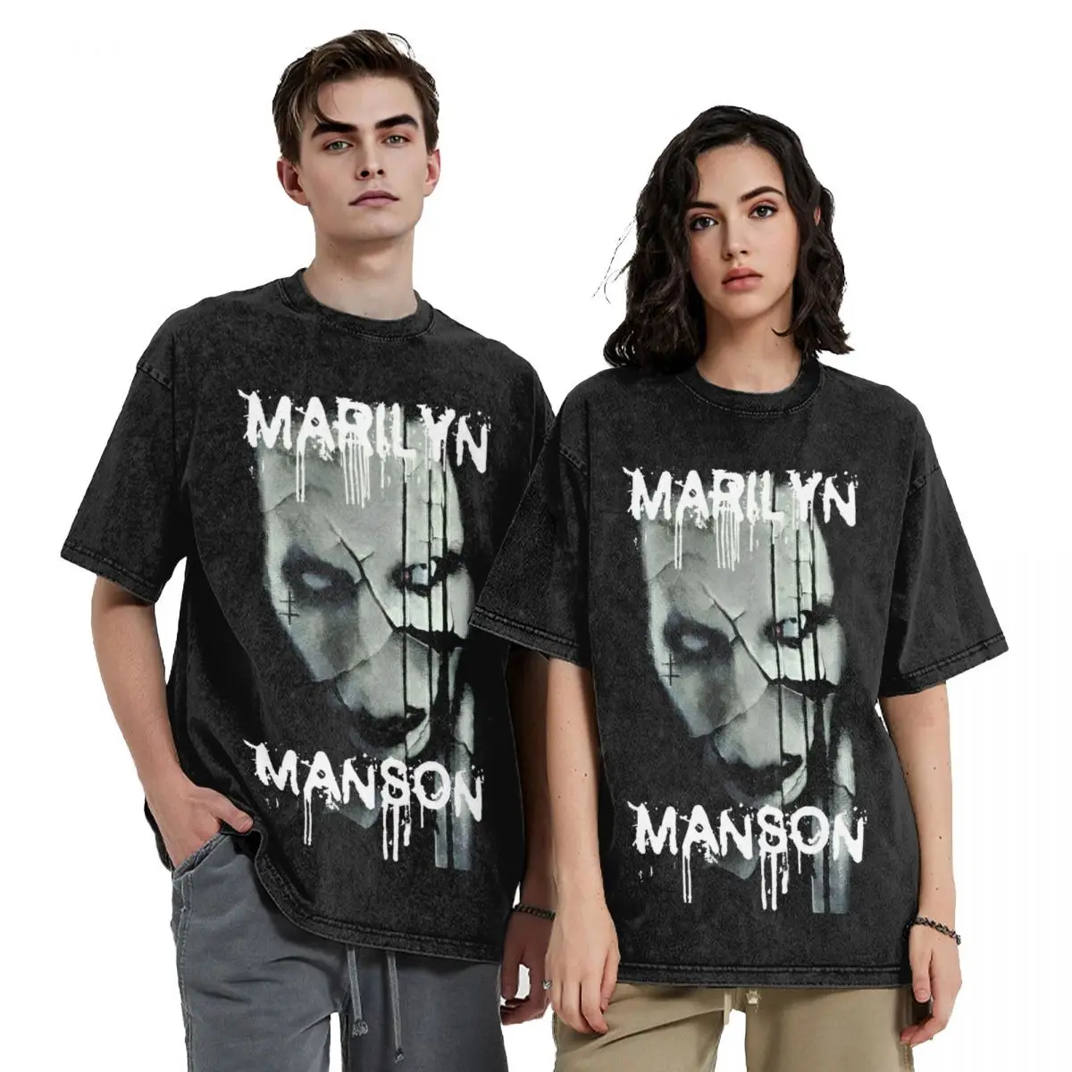 Marilyn Manson Gothic Fans T Shirts Hip Hop Washed Short Sleeve Harajuku T-Shirt Retro Men Women Streetwear Summer Tees