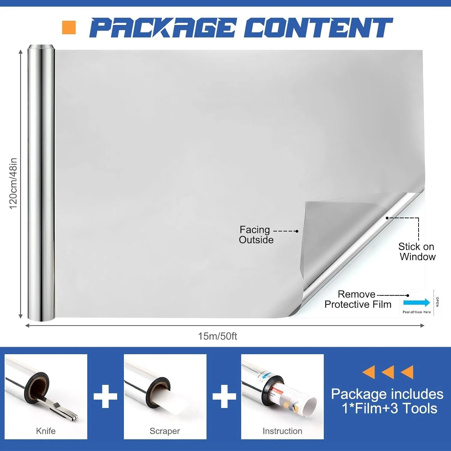 Daytime One Way Mirror Privacy Window Film Reflective Heat Control UV Block Self Adhesive Removable for Home Office Glass
