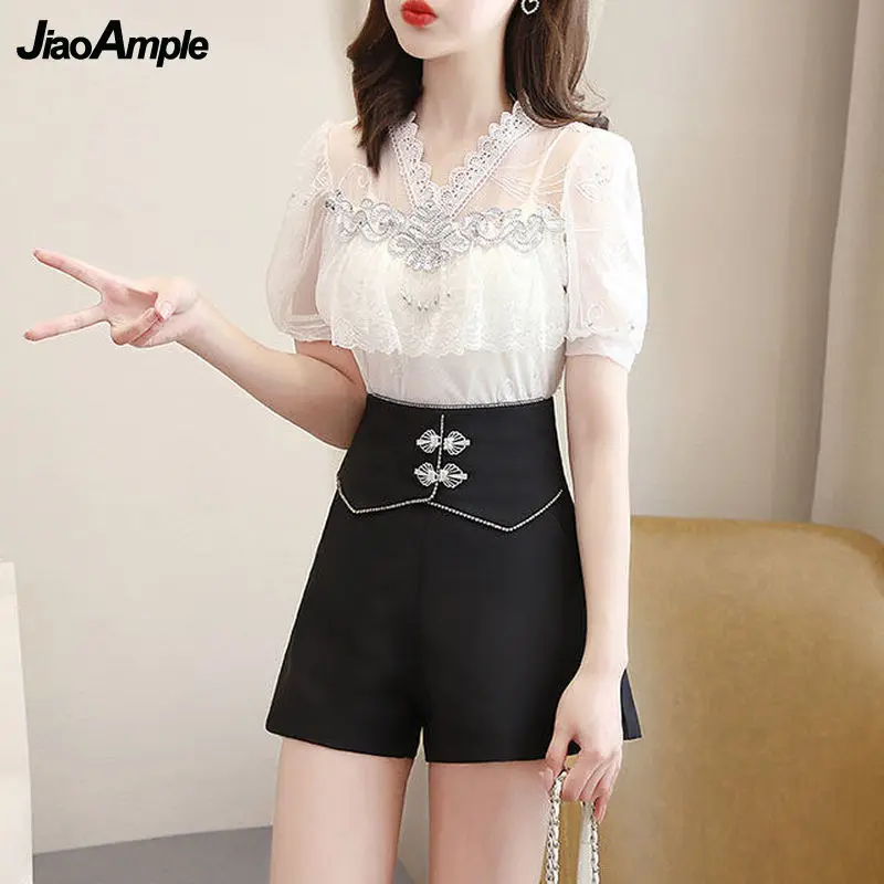 Women\'s Summer Fashion Lace Tops Wide Leg Shorts Two Pieces Korean Elegant V-Ncek Blouse Shirts High Waist Black Pants Suits