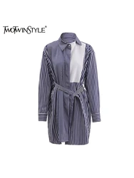 TWOTWINSTYLE Hit Color Patchwork Sashes Loose Blouse For Women Lapel Long Sleeve Spliced Button Shirts Female Autumn Fashion New