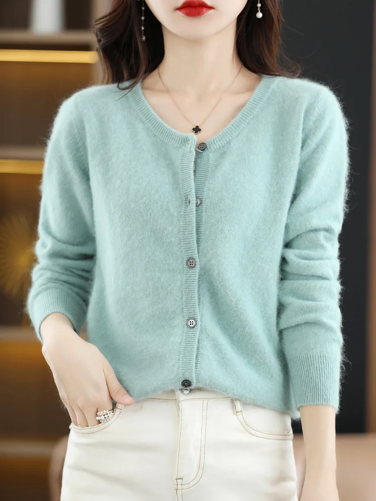 New Women’s 100% Mink Cashmere O-neck Cardigans Sweater Classical Casual Long Sleeve Knitwear Autumn Winter Female Clothing Tops