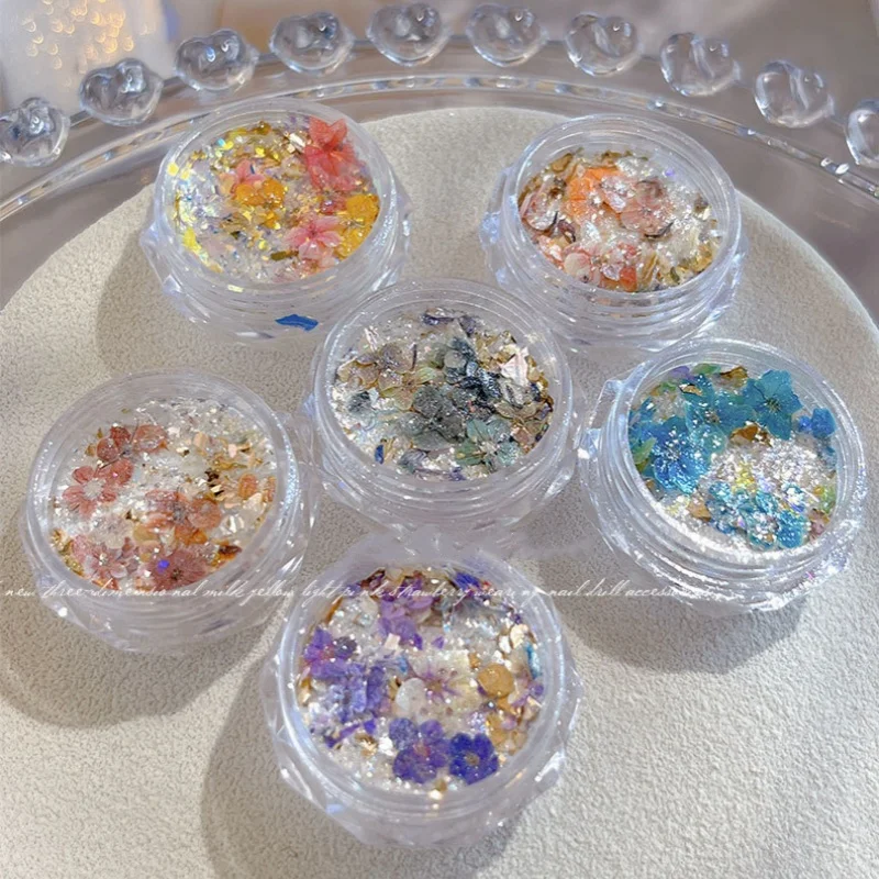 1 상자 네일 아트 말린 꽃 장식 여러 가지 빛깔의 손톱 반짝이 가루 울트라 얇은 무지개 빛나는 브로케이드 파우더 매니큐어 액세서리