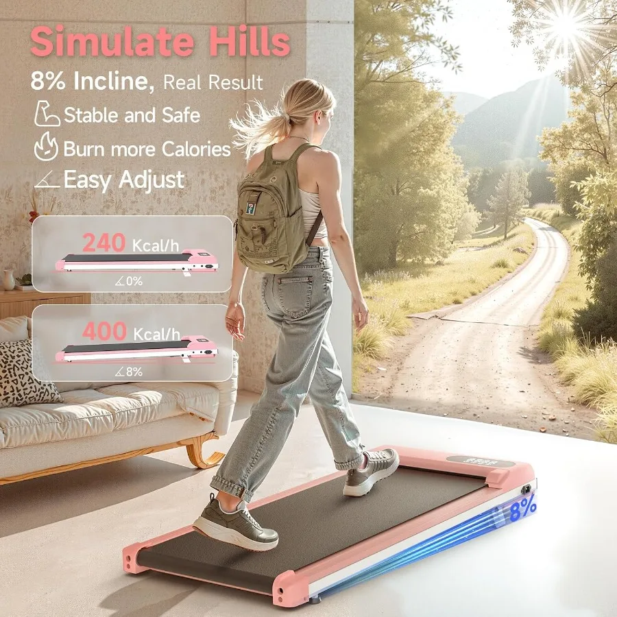 Home office under desk treadmill: incline 8, 2.5HP motor, quiet 35dB, portable design, 350LB capacity, LED display remote contr