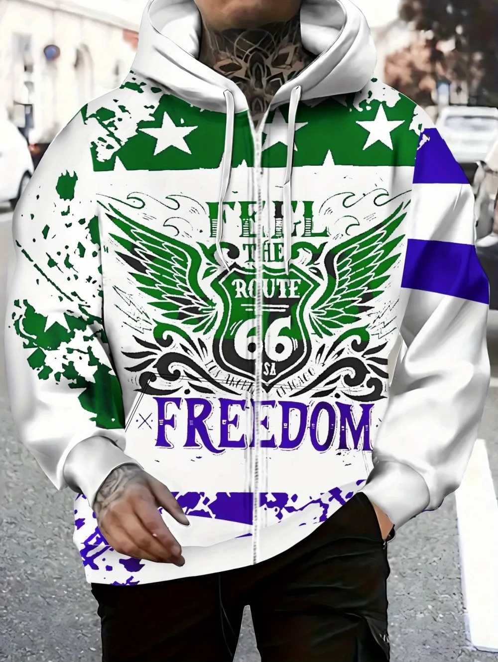 Mens Full Zip Hooded Trend American Flag Graphic Print Casual Outdoor Coat Drawstring Hood Pockets Long Sleeve Oversized Hoodie