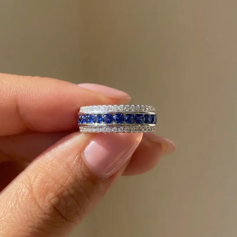 925 Sterling Silver Eternity Promise Rings Full Blue CZ Luxury Trendy Accessories for Women Wedding Party Fashion Jewelry
