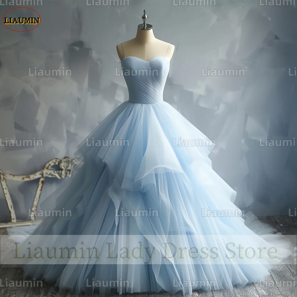 Classic Simple Sky Blue Tulle Black Strapless Ball Gown Prom Formal Dresses Evening Party Lace Up Back Custom Hand Made A4-1