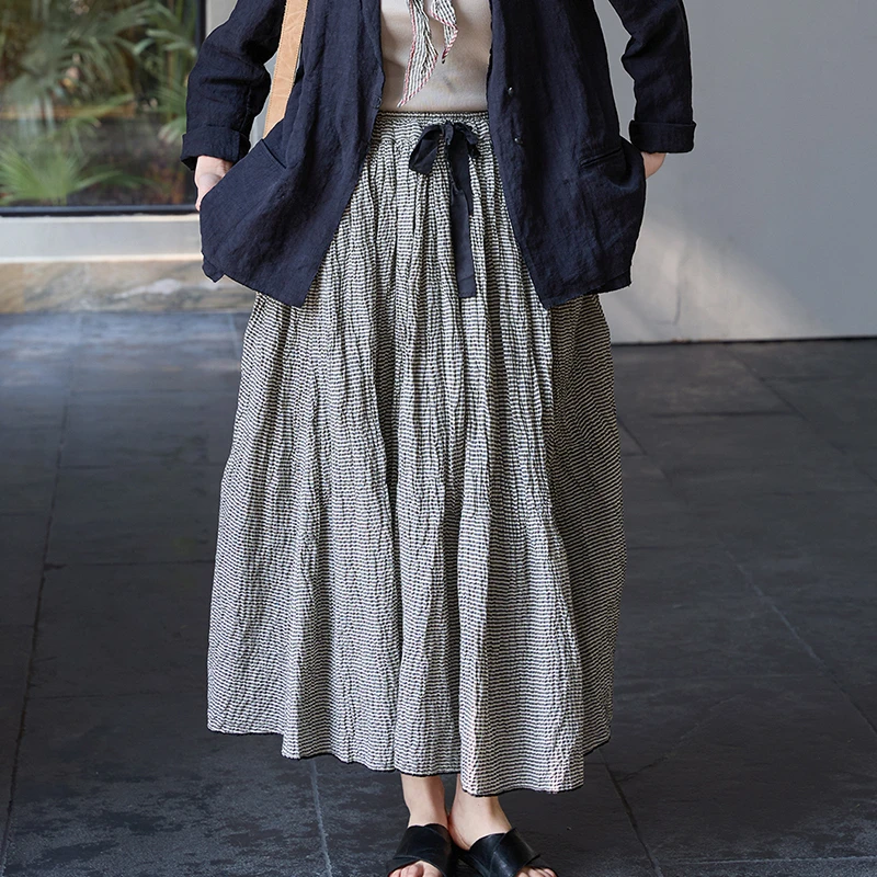 สูงเอวผ้าฝ้ายลินินกระโปรงยาวผู้หญิงใหม่มาถึง 2025 ฤดูใบไม้ร่วงสไตล์วินเทจลายสก๊อตหลวมผู้หญิงสบายๆกระโปรง M1834