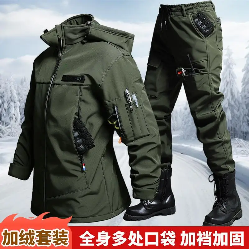 Image 4: Ensemble veste et pantalon tactiques imperméables en velours pour hommes, vêtements de cyclisme, de randonnée, de Camping et d'aventure, automne et hiver