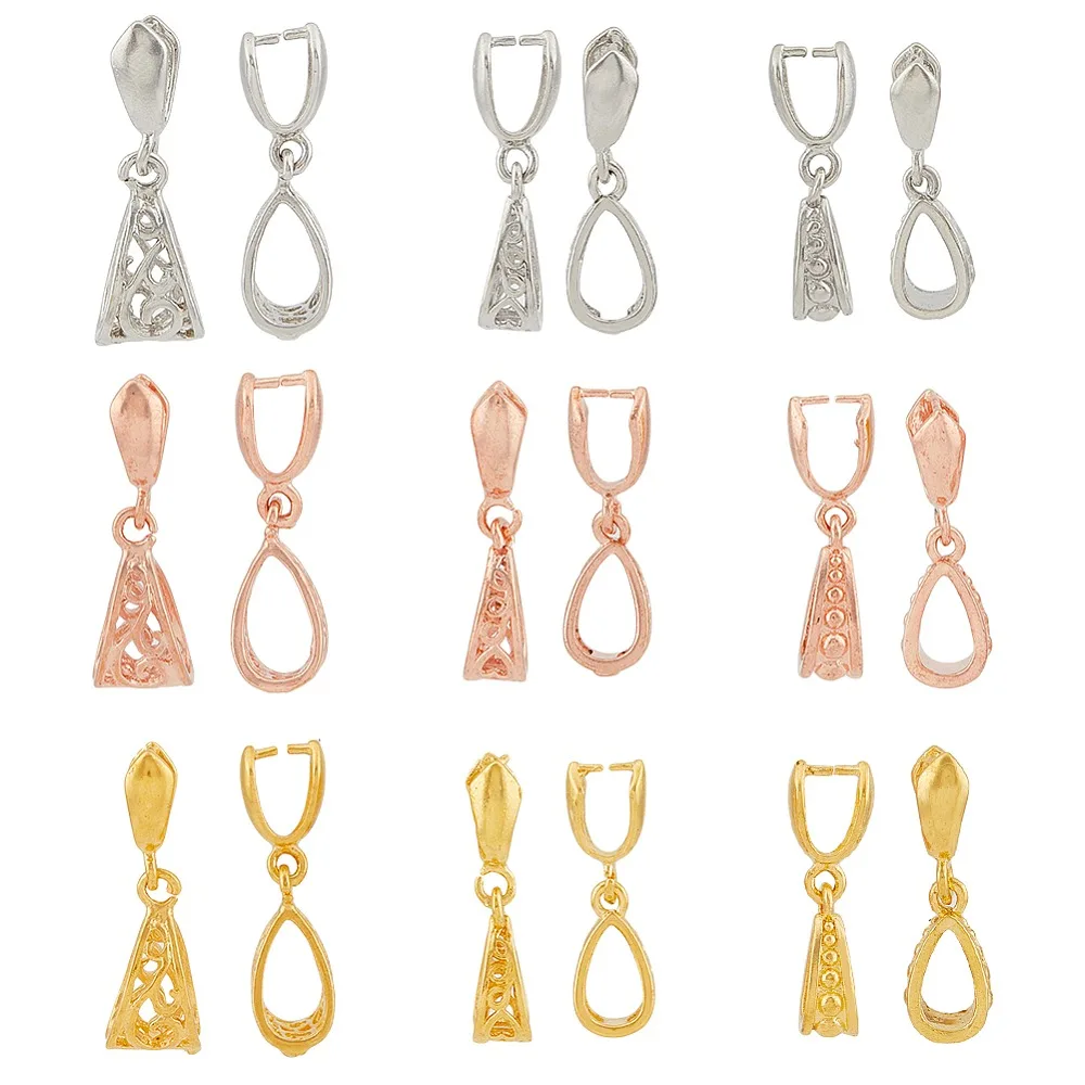 

1box 36pcs 9 style Rack Plating Brass Ice Pick Pinch Bails Mixed color 13~25mm Hole: 5x8~9mm Pin: 1mm 4pcs/style