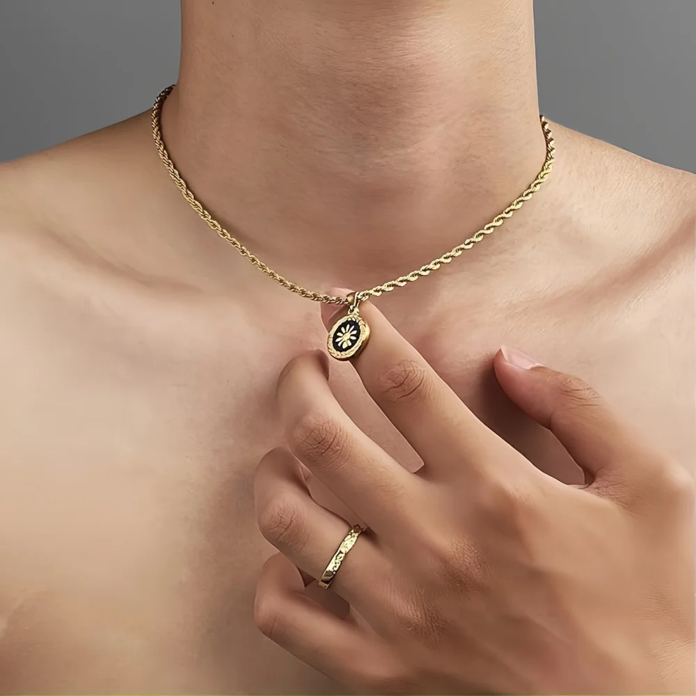 Vintage Runde Münze Schwarze Tropfen-Glasur Blumen-Anhänger Halskette Hip-Hop Goldfarben Edelstahl Gedrehte Kette Herrenschmuck – Detail 3