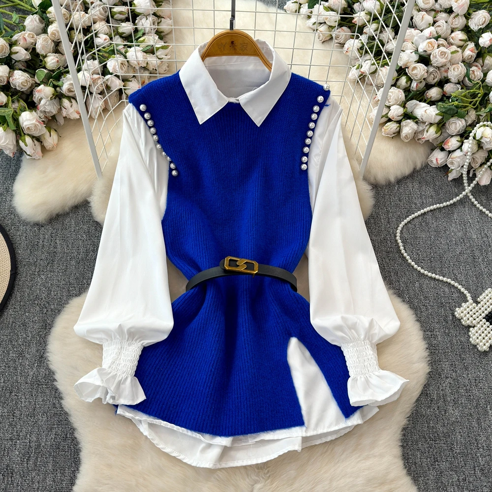 Autumn Winter Shirt Knitted Vest Two-Piece Set for Women Small Fragrant Blouse With Vest Two Piece Shirt Set