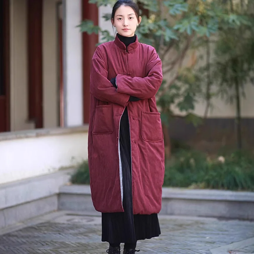 

Artistic retro cotton 2025 autumn and winter clothes Chinese style stand collar with cotton clip thick coat for women