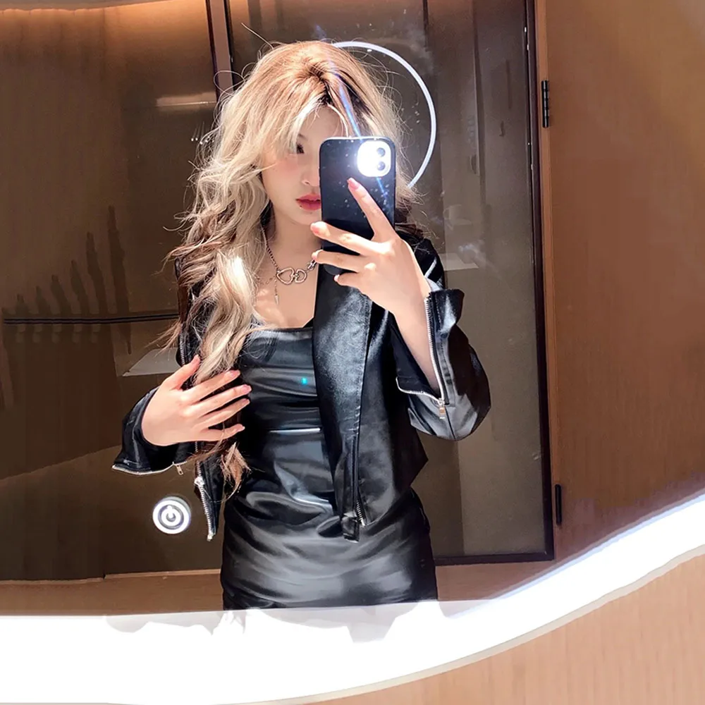 Sexy Hot Girl Outfit Motorcycle Crop Leather Jacket Strap Dress Two Piece Set Women Fashion Temperament Cool Street Autumn Sets