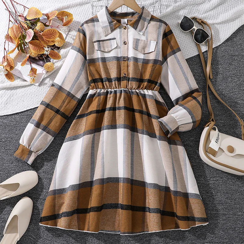 Teen Girls 13‑16Y Spring Fall Plaid Shirt Dress Collar Button Elastic Waist Long Sleeve Casual A‑Line Midi Daily Dress