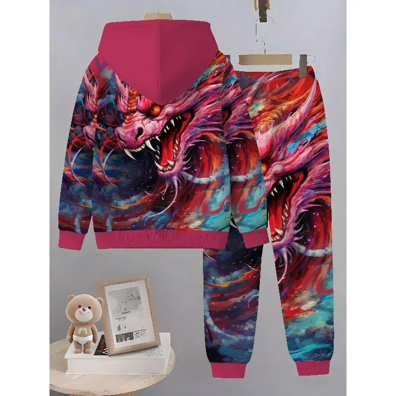 2025 Spring and Autumn Season New Two Piece Hoodie and Pants Set with 3D Colorful Dragon Pattern Printing Set