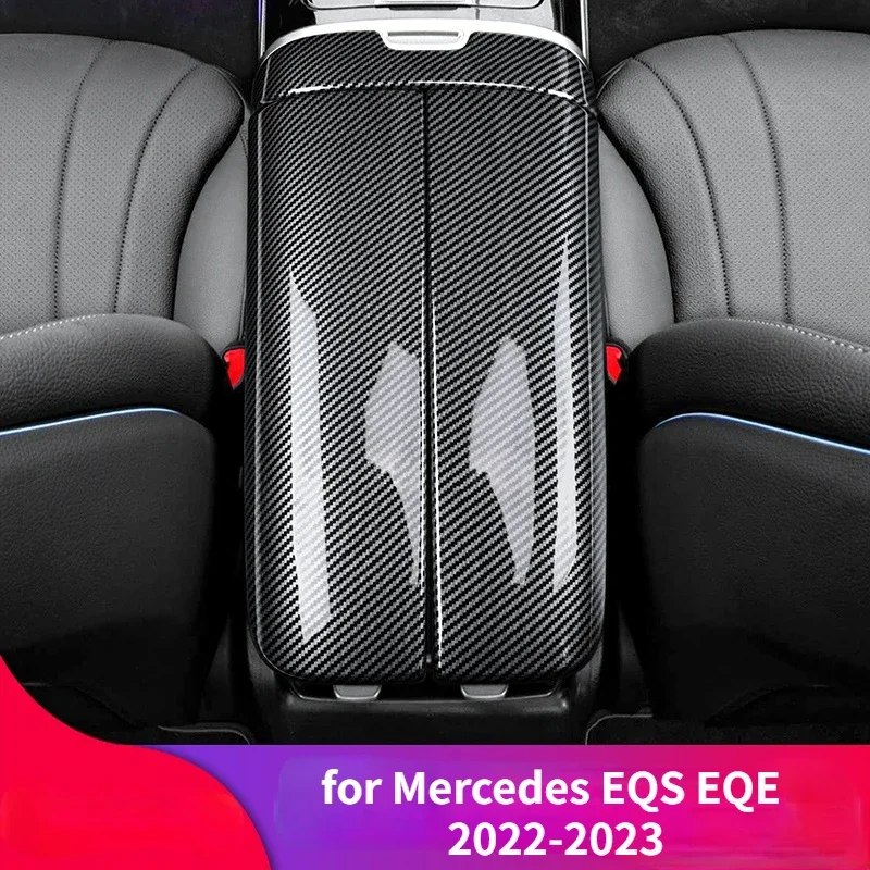 

Car Carbon Fiber Black Center Armrest Box Cover Interior Accessories for Mercedes Benz AMG EQS EQE 350 450+ 2022 2023 2024