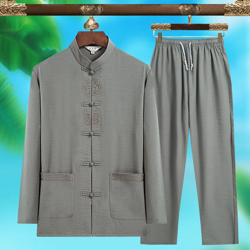 High-quality Men's Fashionable Tang Suit, Pure Silk Lightweight Long-sleeved Set, New Chinese-style Summer Wear view 4