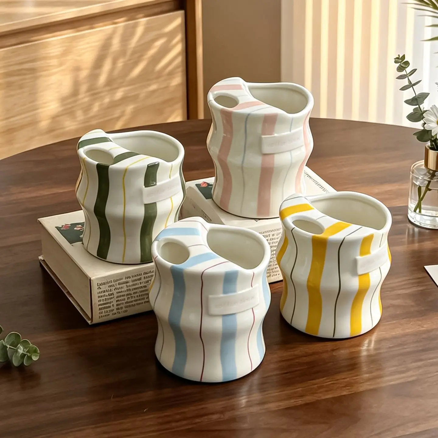 YFY ceramic hand-painted striped coffee cup straw cup household couple water cup creative office mug