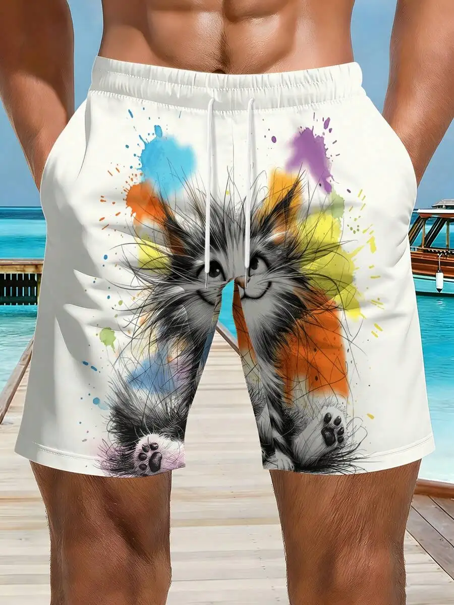 

Mens Summer Beach Shorts Featuring 3D Cartoon Cat Art With Vibrant Paint Splashes, Soft Casual Wear For Leisure And Daily Use