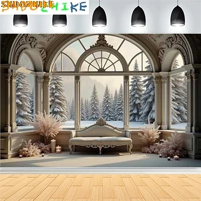 

Christmas Day New Year Party Photography Backdrops Prop Window Living Room Interior Xmas Tree Snow Theme Photo Background FN-15