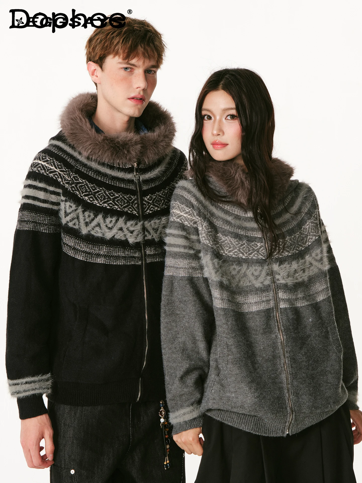 

American Retro Fur Collar Cardigan Autumn Winter Warm Loose Hooded Knitted Jacket Unisex Couple Style