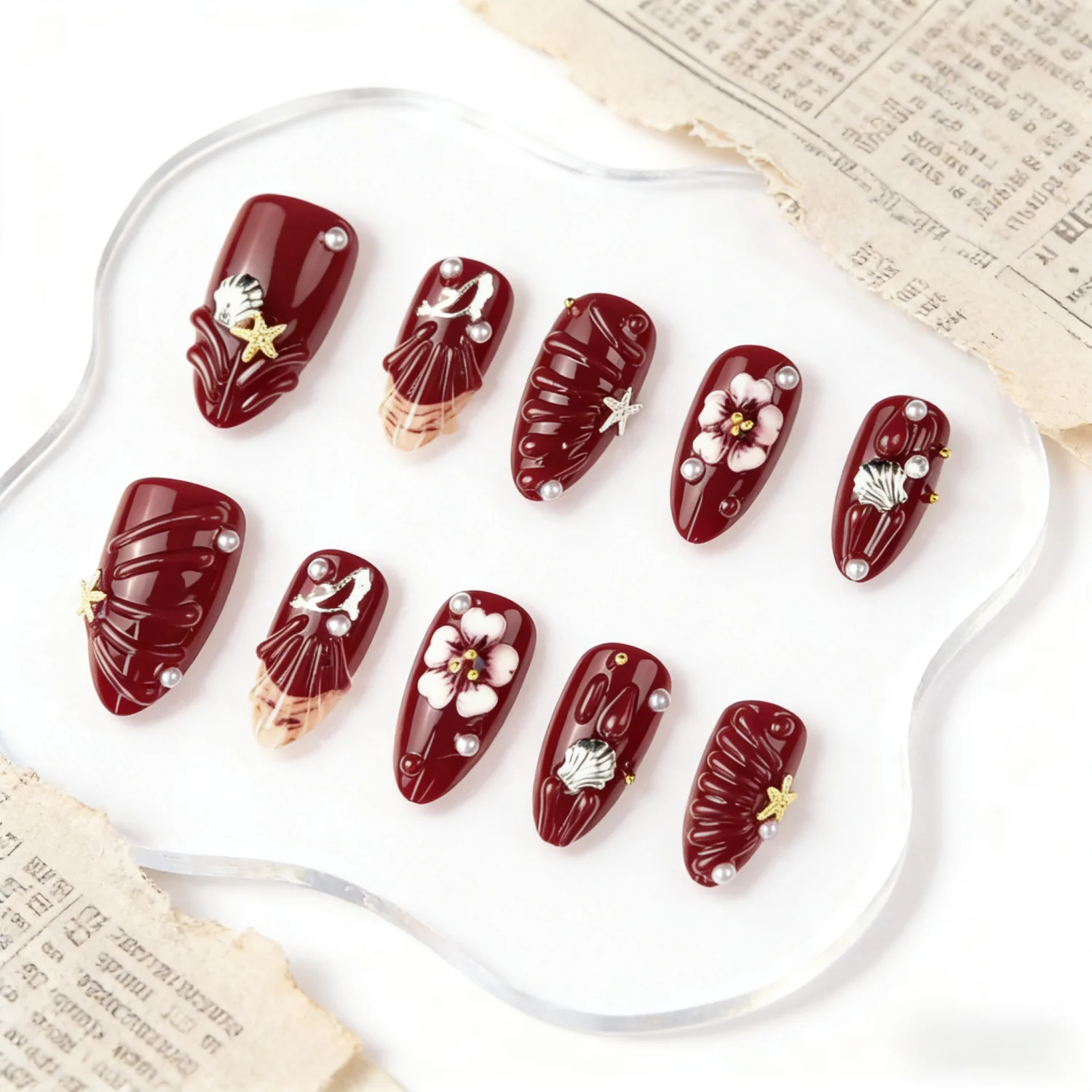 

30pcs Wearable False Nail Flowers print Pearl Design Nails Tips Red Short Almond Ripple Fake Nail Art Full Cover Press on Nails