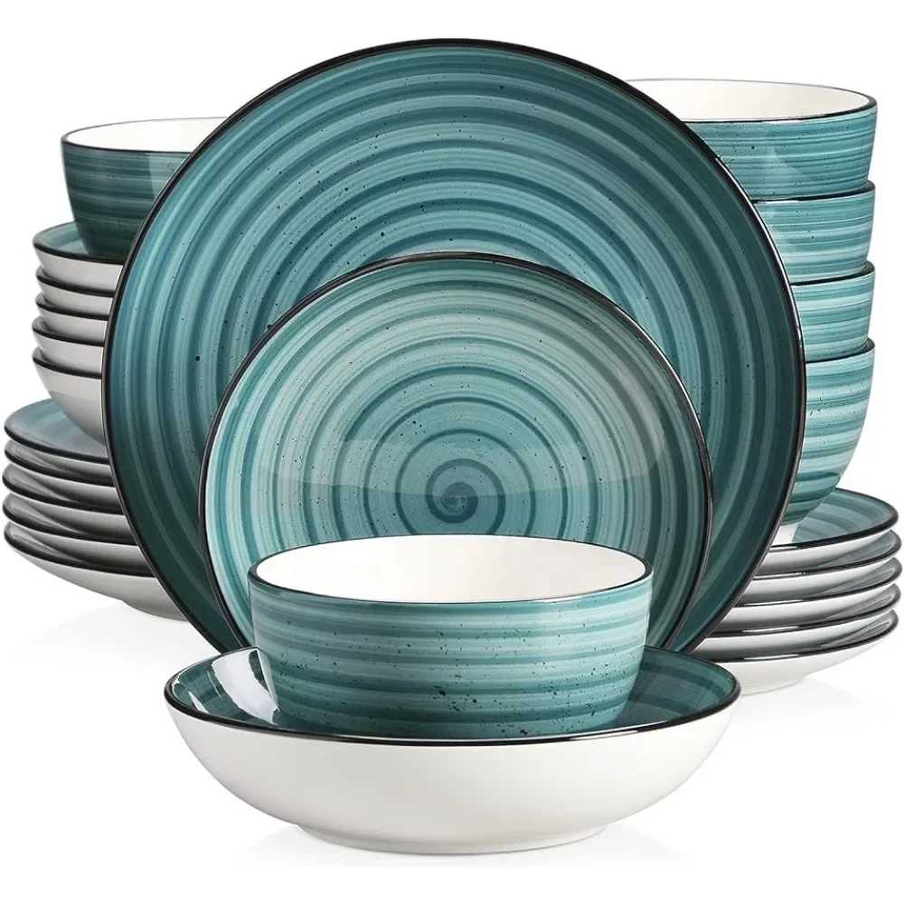 

24 Pieces - Stoneware Dining Table Plates Set Luxury Ceramic Safe Material Bonbon Green Dinnerware Set Versatile 24-piece Dishes