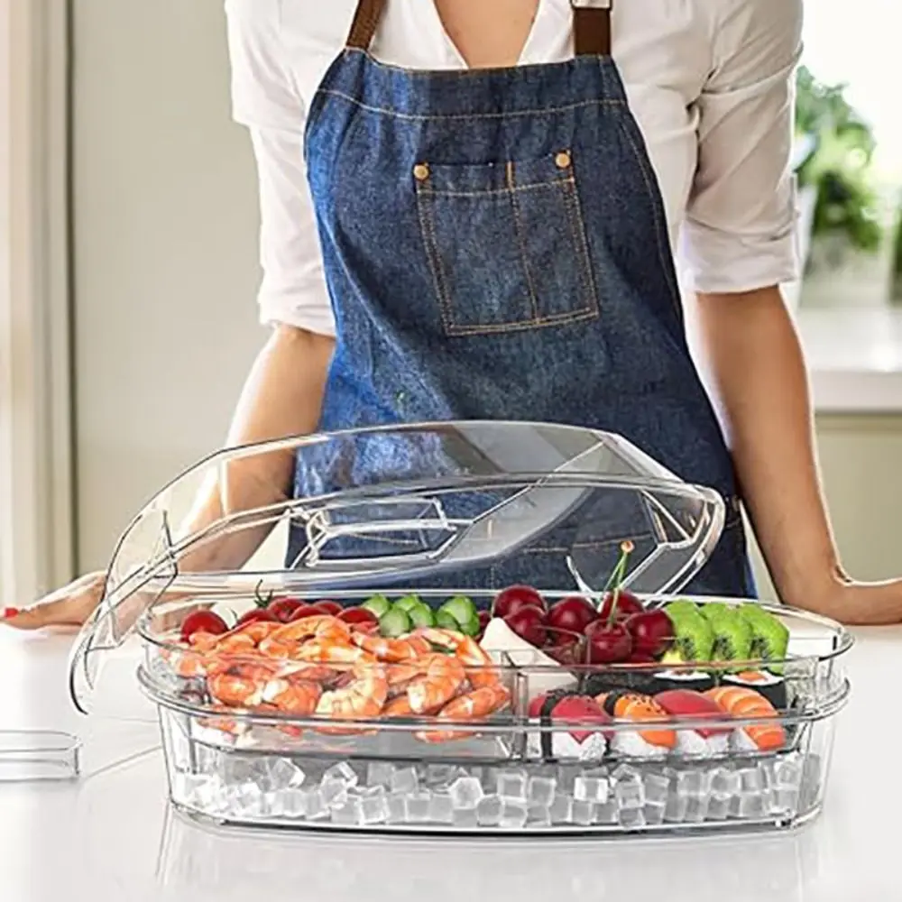 

Chilled Fruit Tray, Plastic Transparent Chilled Serving Platter, Appetizer Tray 5 Compartments with Lid Chilled Food Bowl Party
