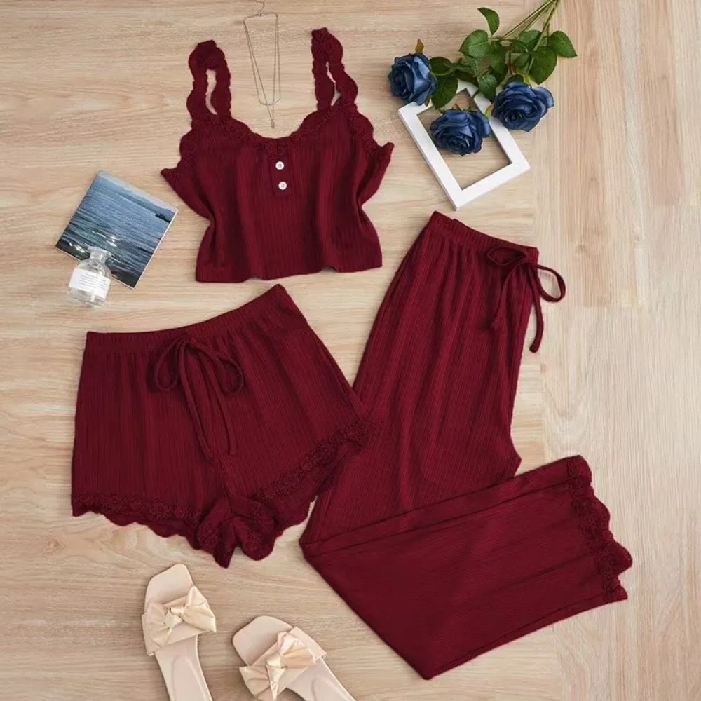 Slim Fit Women Lace Camisole Pajamas Long Pants and Shorts Sleeveless Lace Vest Homewear Lace Corset Leisure Clothes