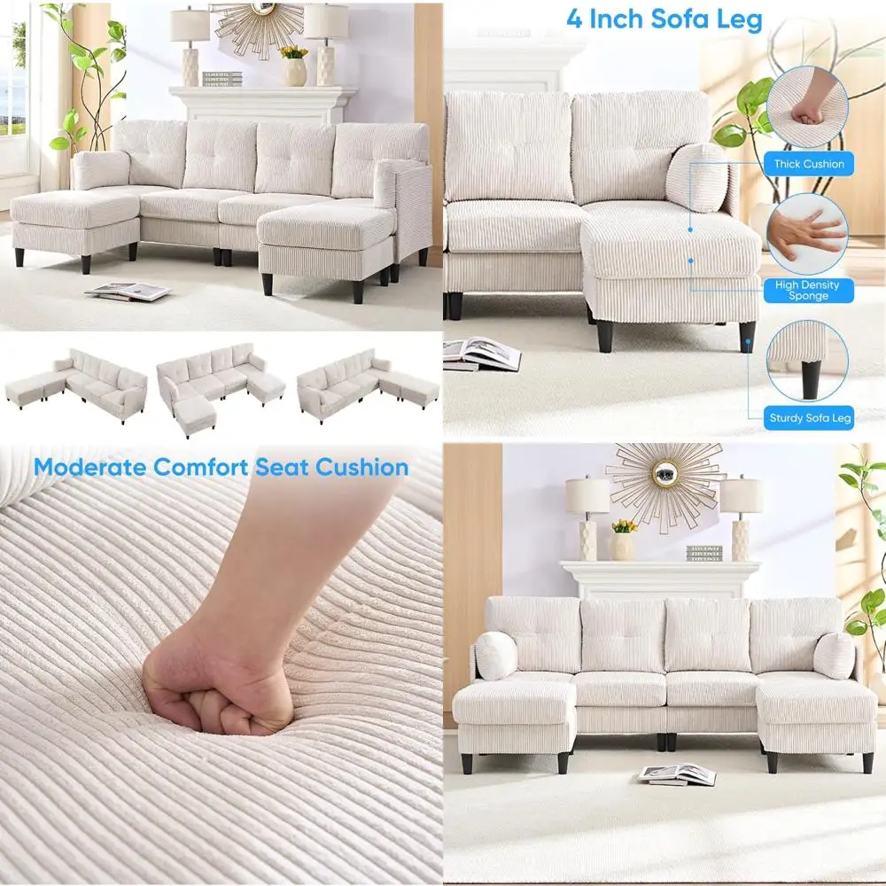 Modern U-Shaped Sectional Sofa with Corduroy Fabric, Convertible Double Chaise and Ottoman for Living Room, Ideal for Comfortabl
